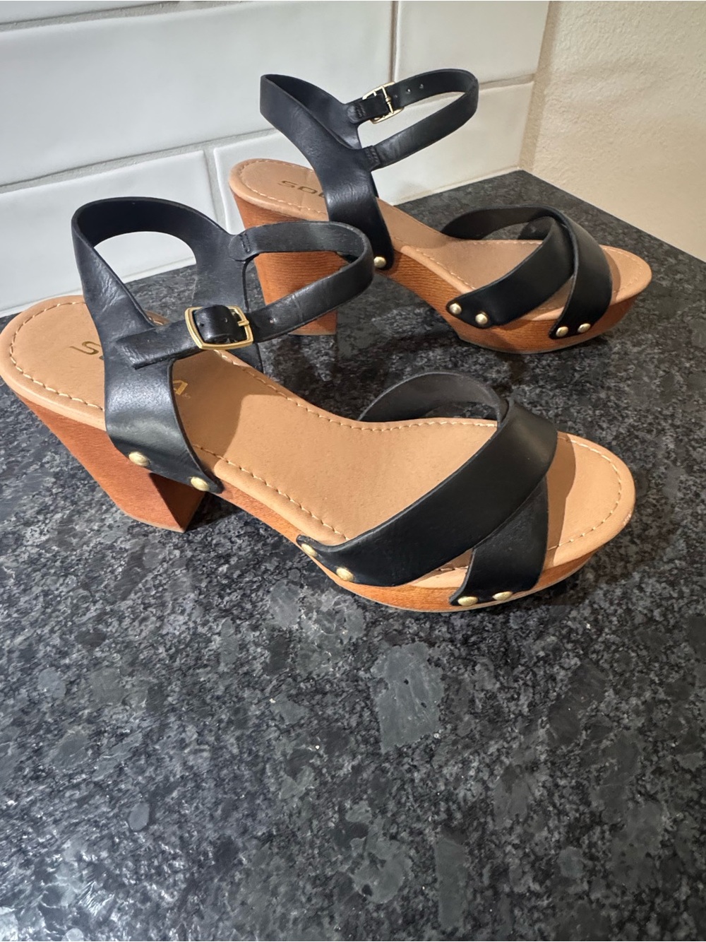 Soda Black Strappy Block Heel Sandals with Tan Platform